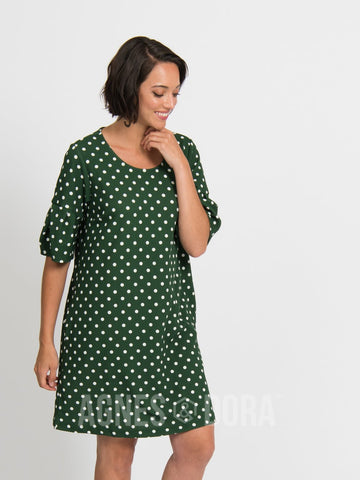 Agnes & Dora™ Shift Dress Hunter Green and White Dot