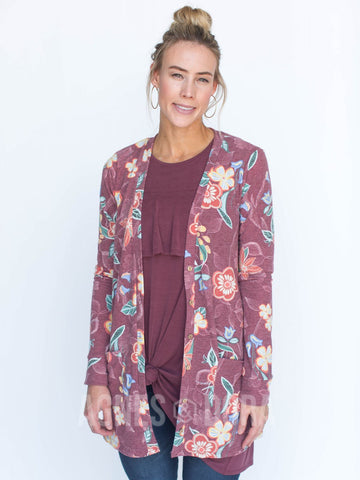 Agnes & Dora™ Essential Cardigan Folk Floral Wine