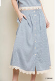 Striped Midi Button Front Skirt Light Denim